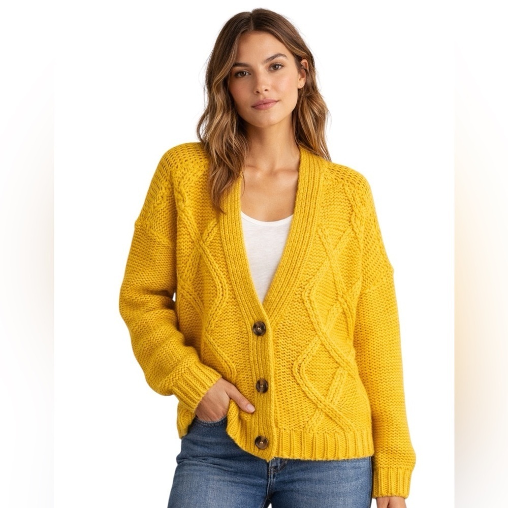 RETROD Yellow Cable Knit Cardigan Button Front Chunky Sweater